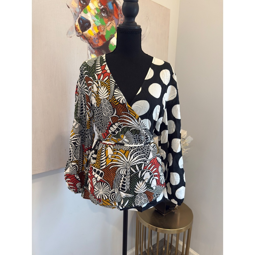 Farm Rio for Anthropologie Mixed Print Wrap Top Polka Dot Tropical L NWT
